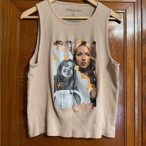 Beige Graphic Ribbed Tank Top with 'Lucky' Print